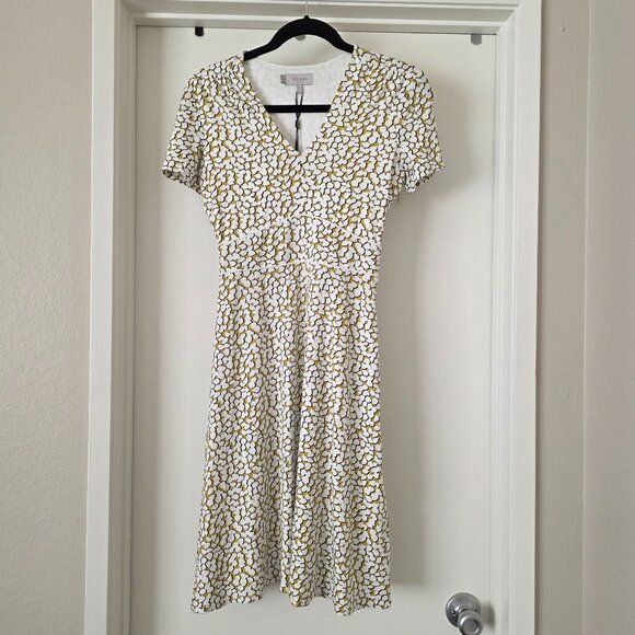 NEW HOBBS London Lina Dress Chartreuse Ivory Stretch Abstract Short Sleeve Sz 2 - Picture 1 of 9